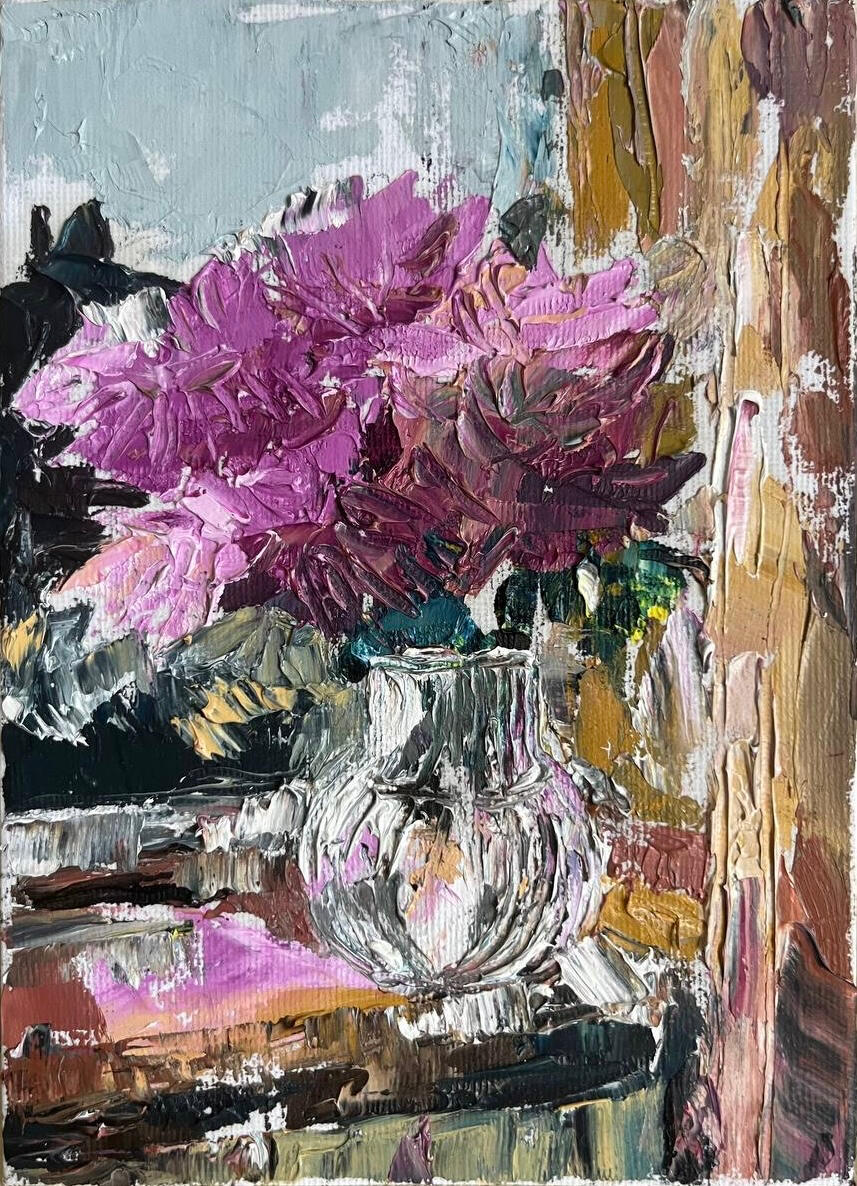 Soft Petals by the Window. Media: Oil on canvas board. Dimensions: 13 × 18 cm.(approx. 5 × 7 in) . Price: £35