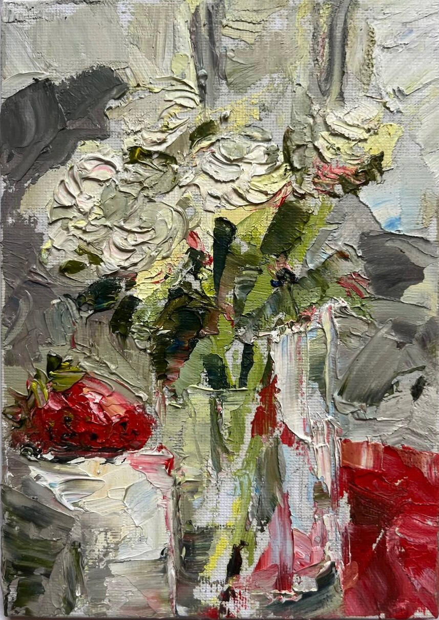 White roses with strawberry. Media: Oil on canvas board . Dimensions: 13 × 18 cm.(approx. 5 × 7 in) . Price: £35