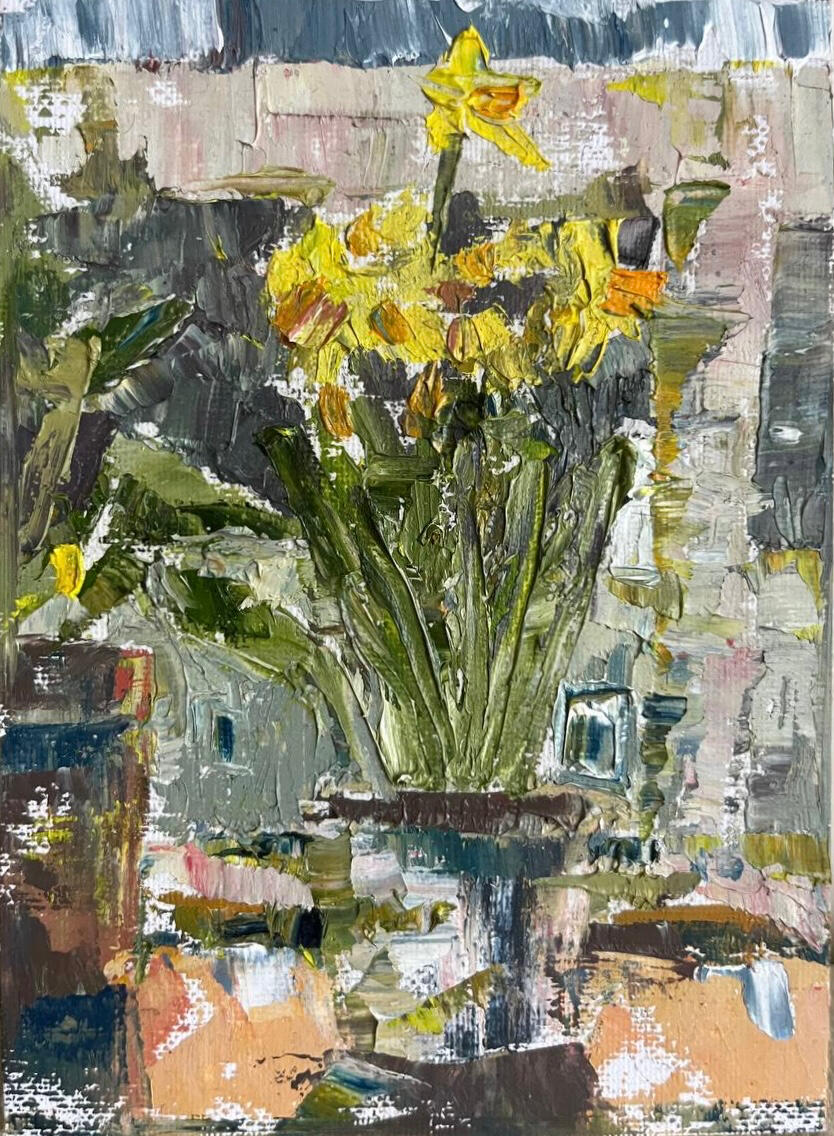 Daffodils on a Grey Morning. Media: Oil on canvas board. Dimensions: 13 × 18 cm.(approx. 5 × 7 in) . Price: £35