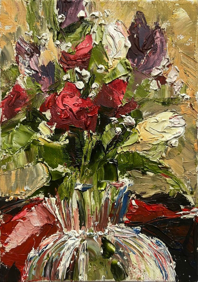 Roses in Warm Light. Media: Oil on canvas board. Dimensions: 13 × 18 cm.(approx. 5 × 7 in) . Price: £35