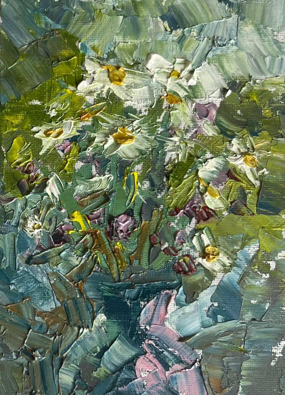 Wild Daisies in the Wind. Media: Oil on canvas board. Dimensions: 13 × 18 cm.(approx. 5 × 7 in) . Price: £35