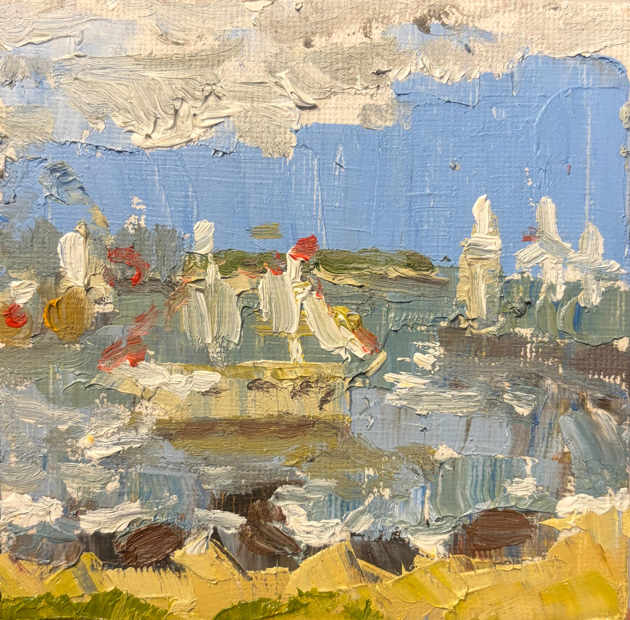 Sails in Summer Air Media: Oil on canvas. Dimensions: 10 × 10 cm.(approx. 4 × 4 in). Price: £25