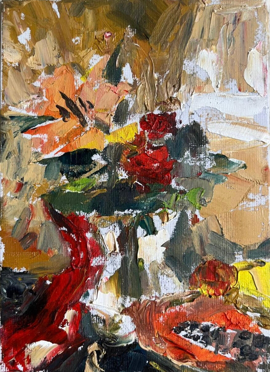 Autumn Bouquet. Media: Oil on canvas board. Dimensions: 13 × 18 cm.(approx. 5 × 7 in) . Price: £35