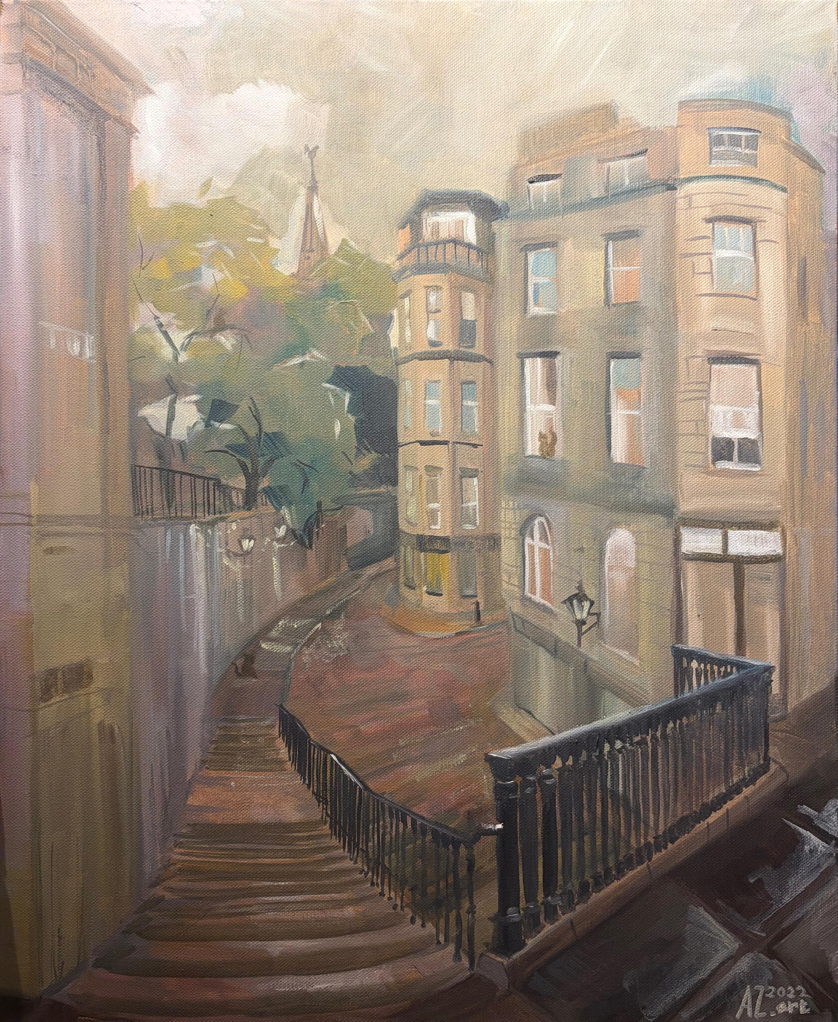Morning Haze Over Stone Streets. Media: Oil on canvas. Dimensions:46 × 56 cm (approx. 18 × 22 in) Price: £350