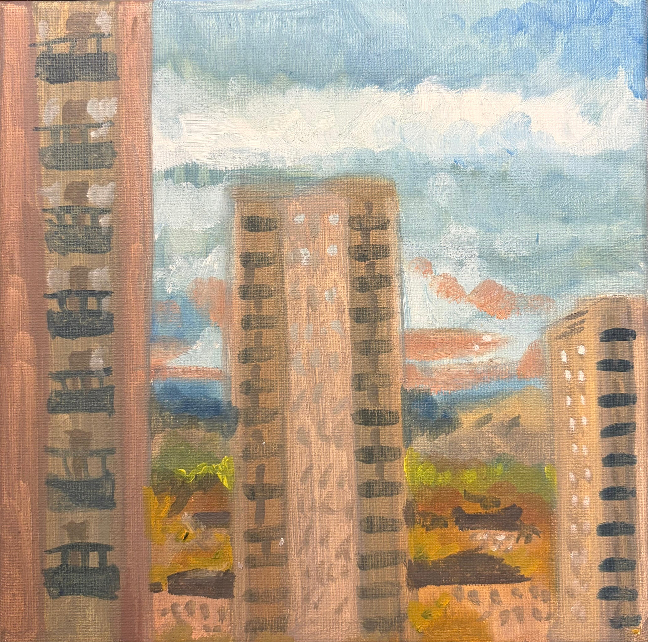 Between the Concrete Giants Media: Oil on canvas. Dimensions: 20 × 20 cm.(approx. 8 × 8 in). Price: £35