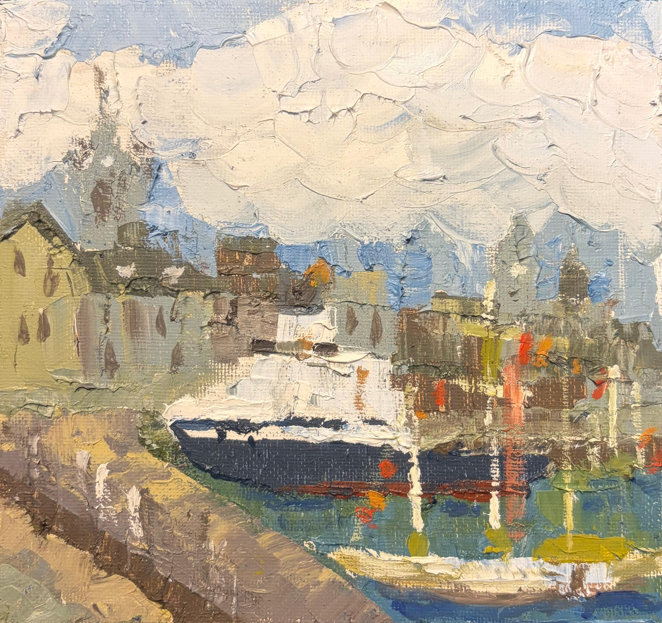 Reflections of a Northern Harbour Media: Oil on canvas. Dimensions: 16 × 15 cm.(approx. 6 × 6 in). Price: £30
