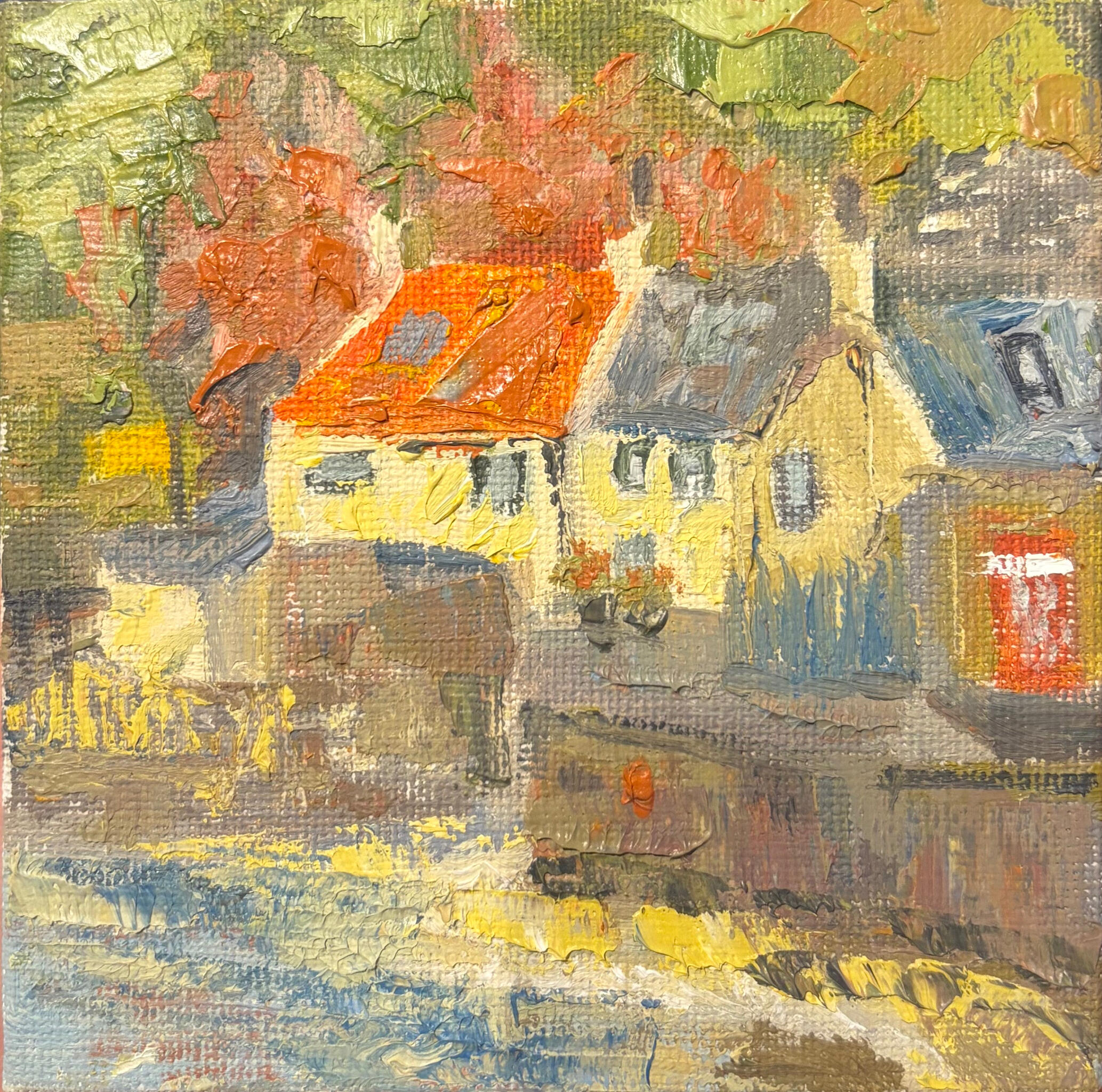 Autumn Roofs in the Harbour Media: Oil on canvas board. Dimensions: 10 × 10 cm.(approx. 4 × 4 in) . Price: £25