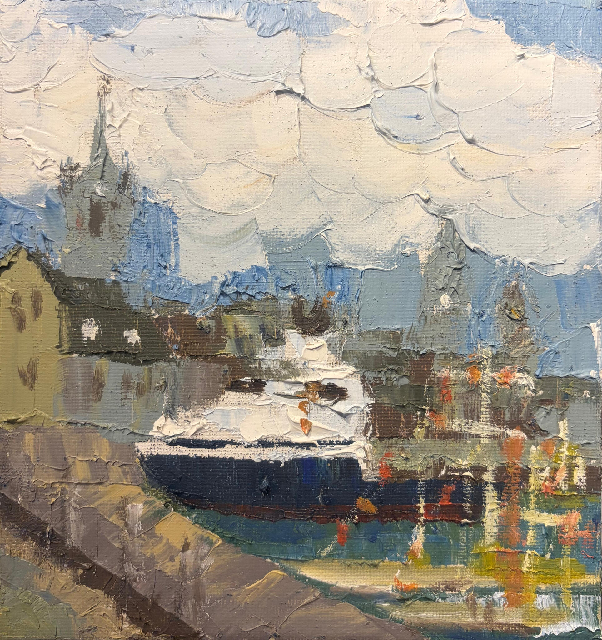 Morning Light on the Quay Media: Oil on canvas. Dimensions: 16 × 15 cm.(approx. 6 × 6 in). Price: £30