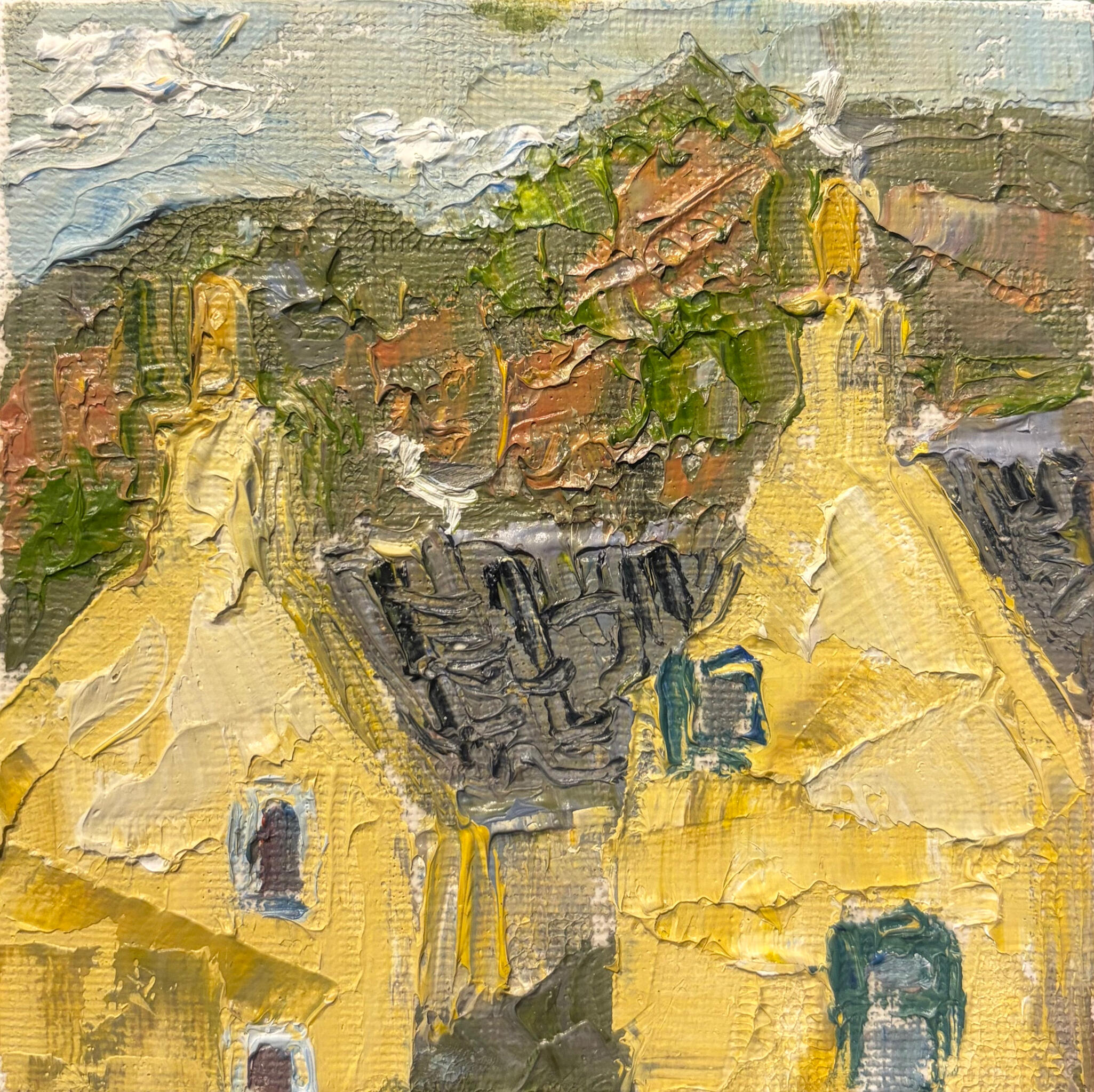 Sun on the Valley Village Media: Oil on canvas board. Dimensions: 10 × 10 cm.(approx. 4 × 4 in). Price: £25