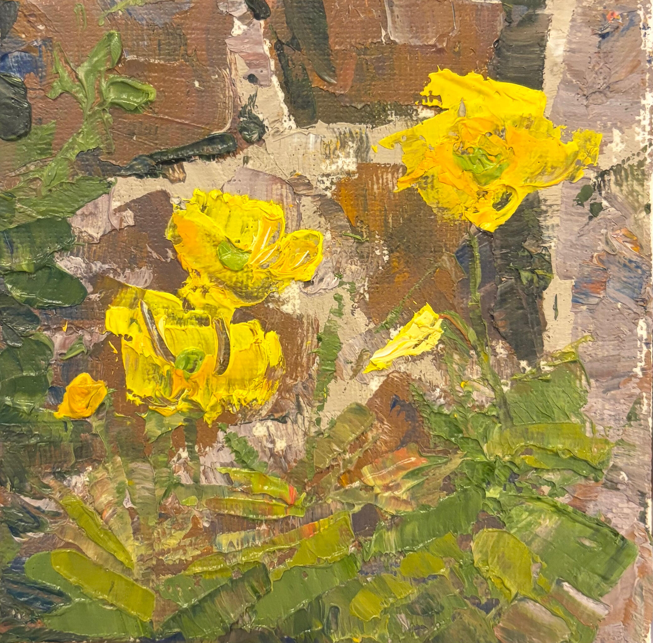 Wild Yellows in the Shade Media: Oil on canvas board. Dimensions: 10 × 10 cm.(approx. 4 × 4 in). Price: £25