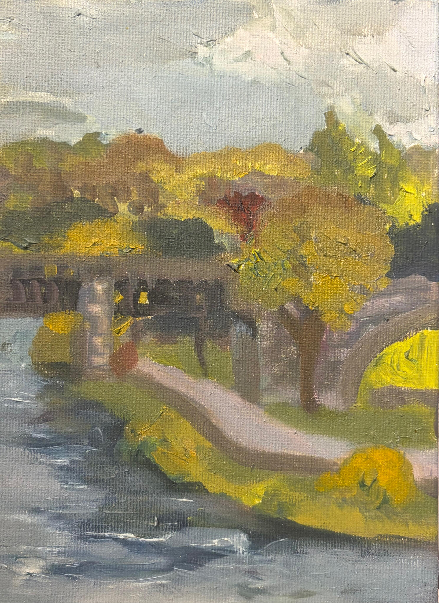 Golden Trees Along the Water. Media: Oil on canvas board. Dimensions: 13 × 18 cm.(approx. 5 × 7 in) . Price: £35