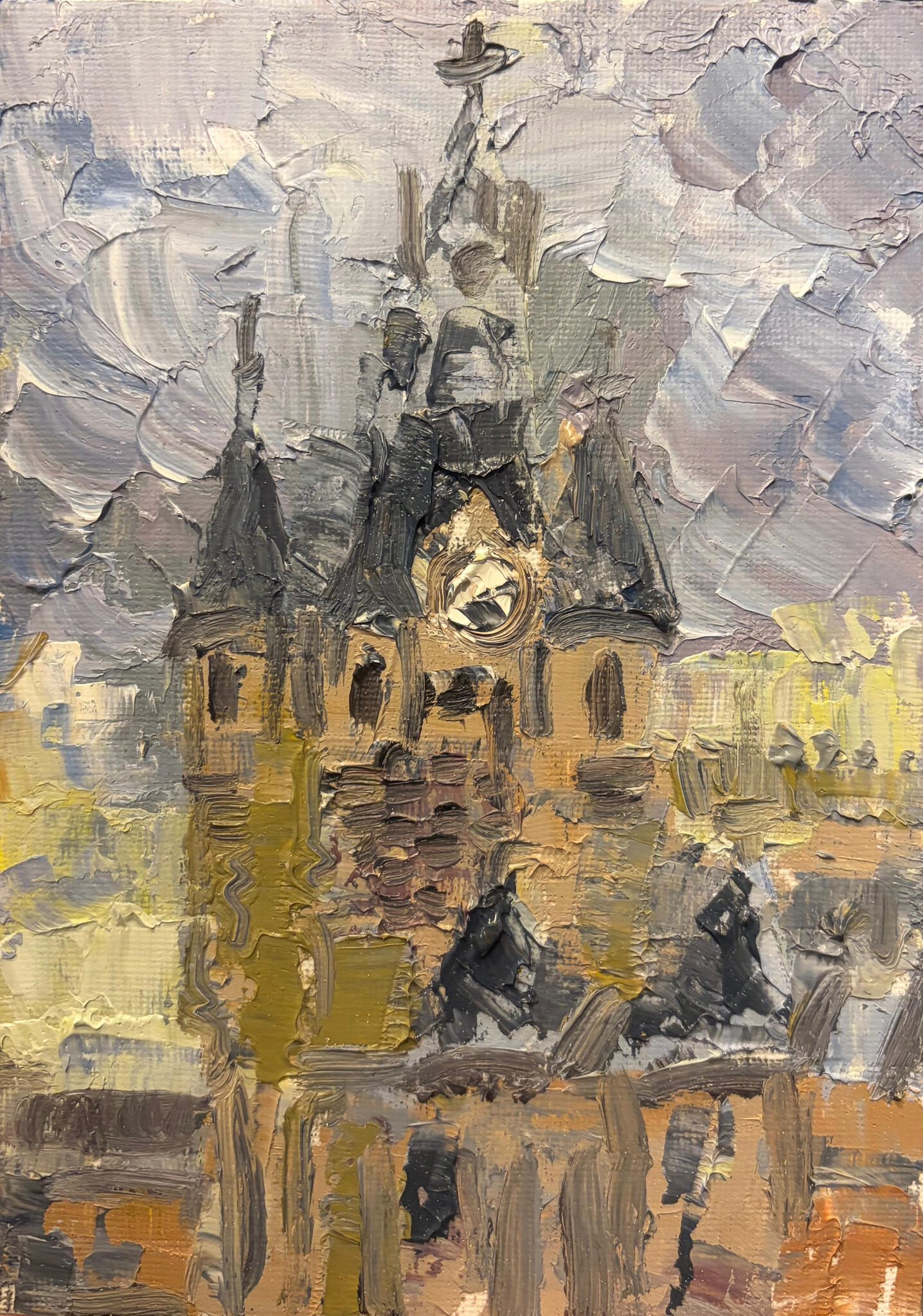 Grey Skies Over the Old Tower . Media: Oil on canvas. Dimensions: 13 × 18 cm.(approx. 5 × 7 in) . Price: £35