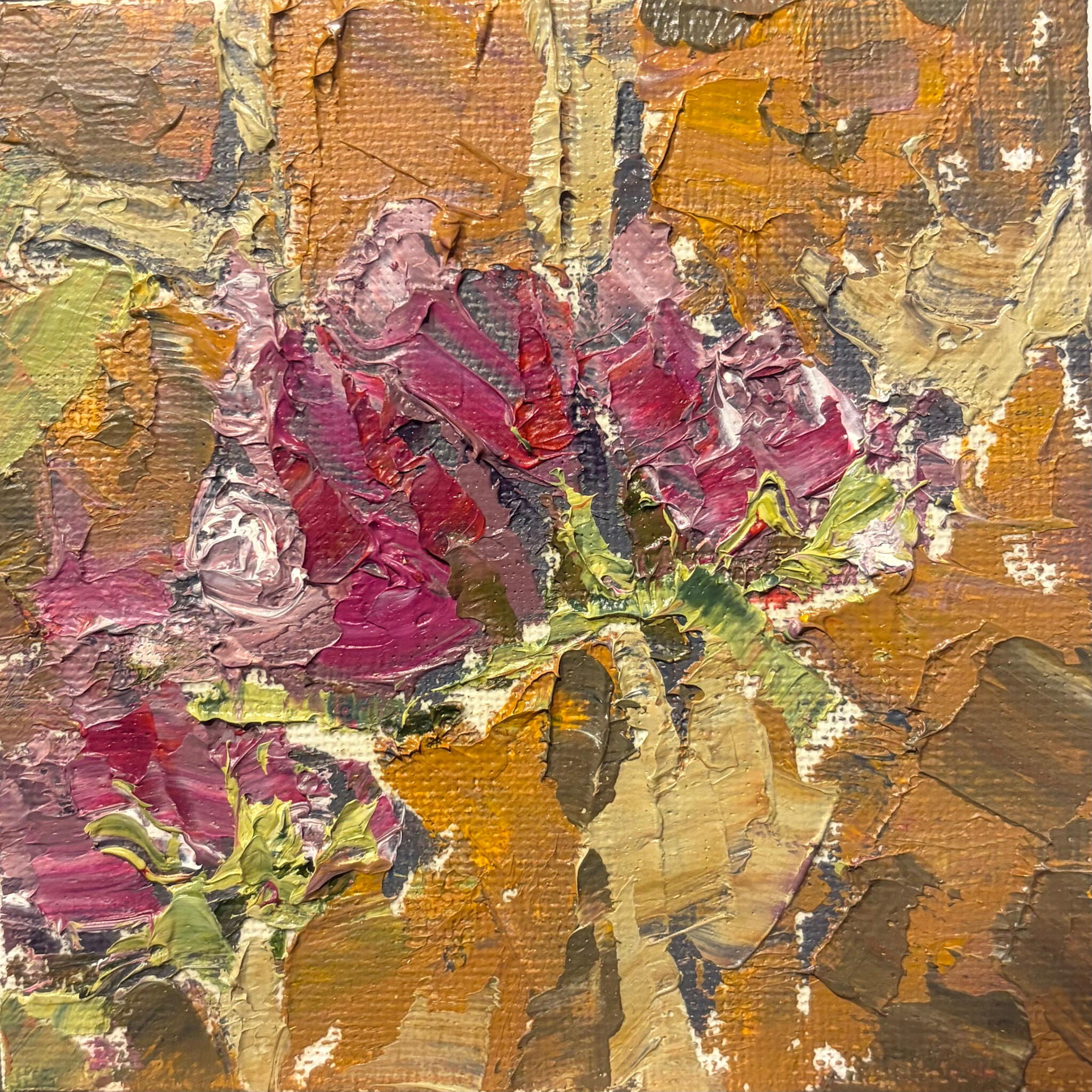 Warm Earth, Deep Blooms Media: Oil on canvas board. Dimensions: 10 × 10 cm.(approx. 4 × 4 in). Price: £25