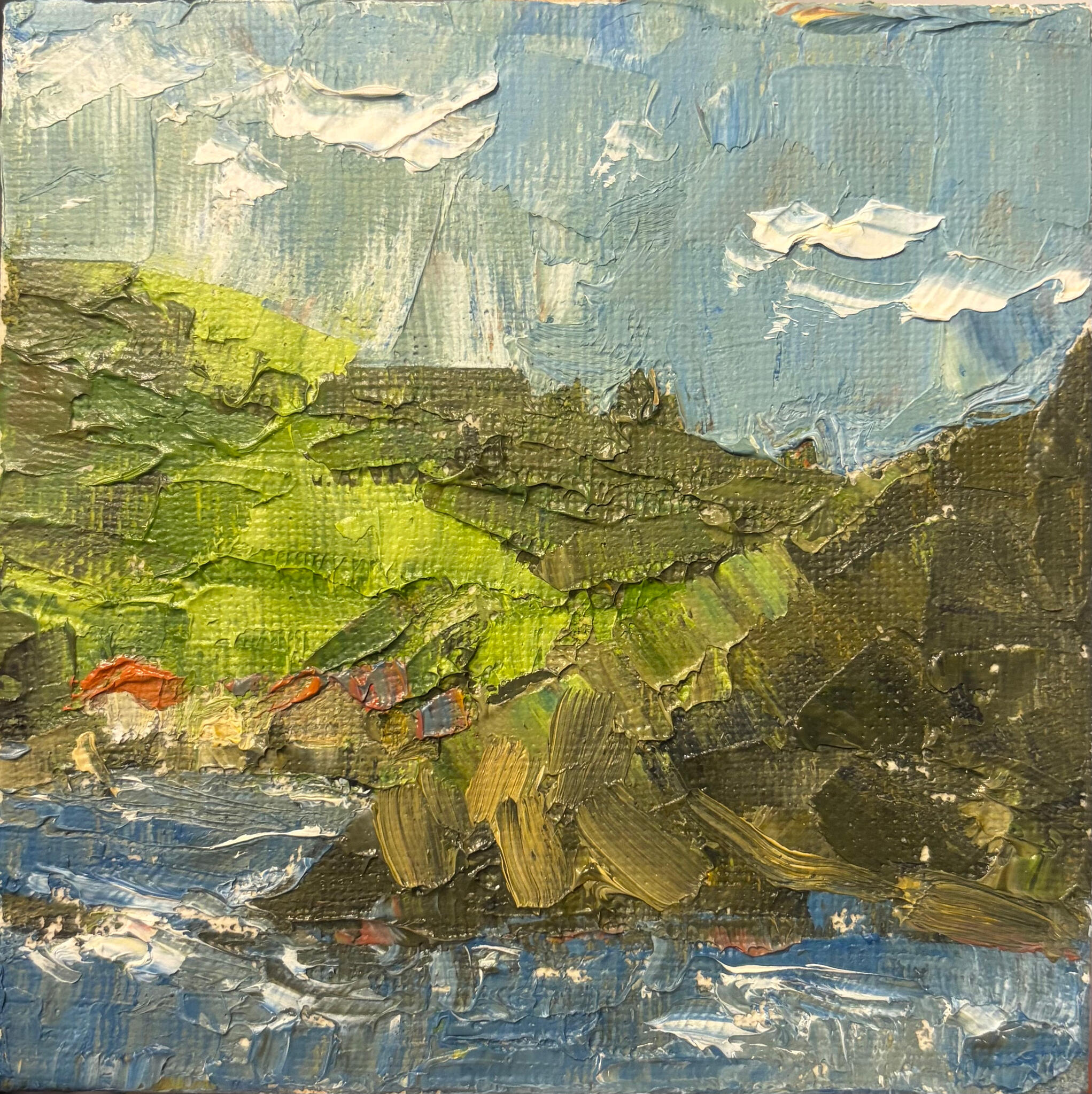 Green Ridges by the Sea Media: Oil on canvas board. Dimensions: 10 × 10 cm.(approx. 4 × 4 in). Price: £25