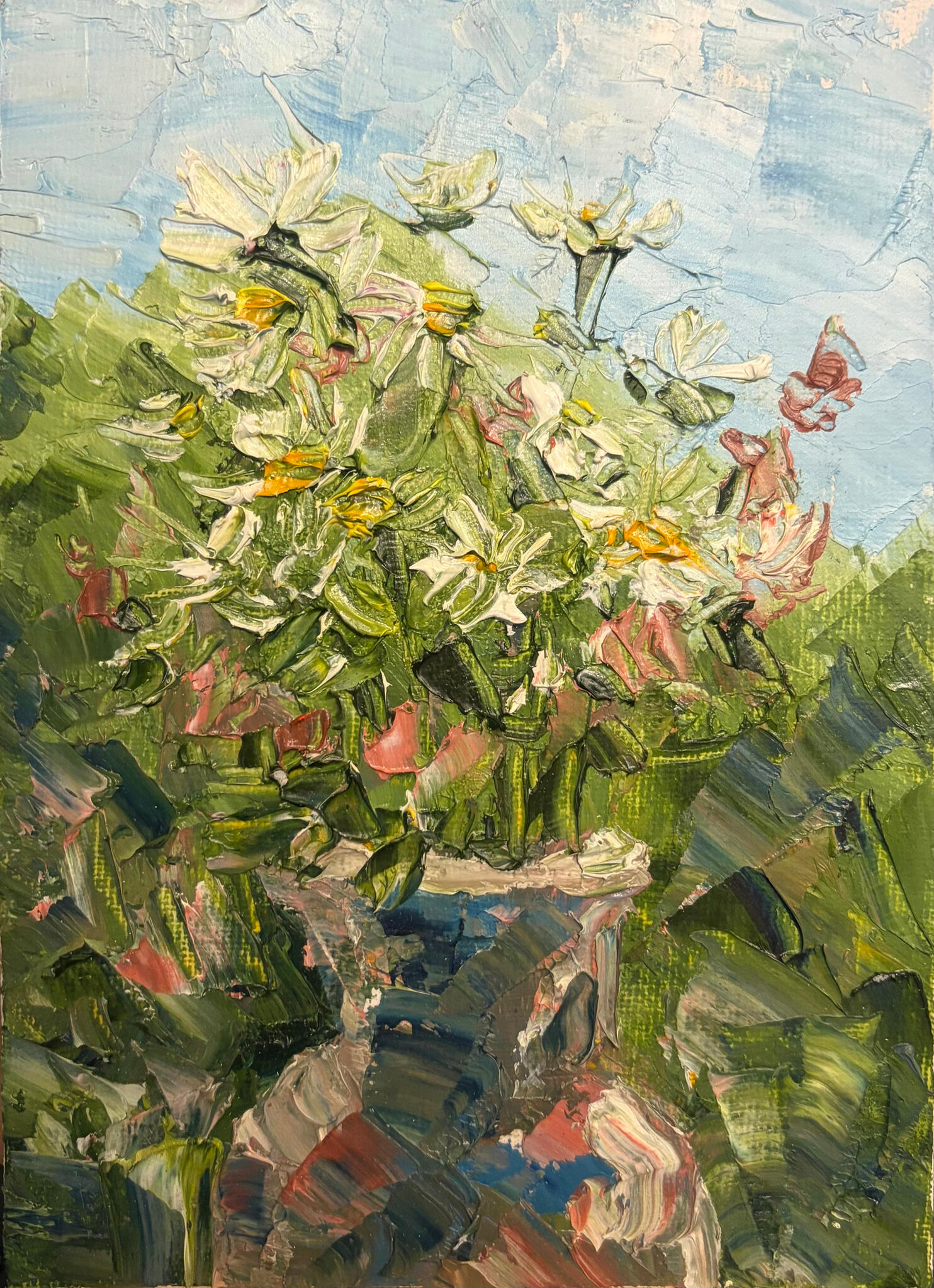 Meadow Blooms in a Glass. Media: Oil on canvas board. Dimensions: 13 × 18 cm.(approx. 5 × 7 in) . Price: £35