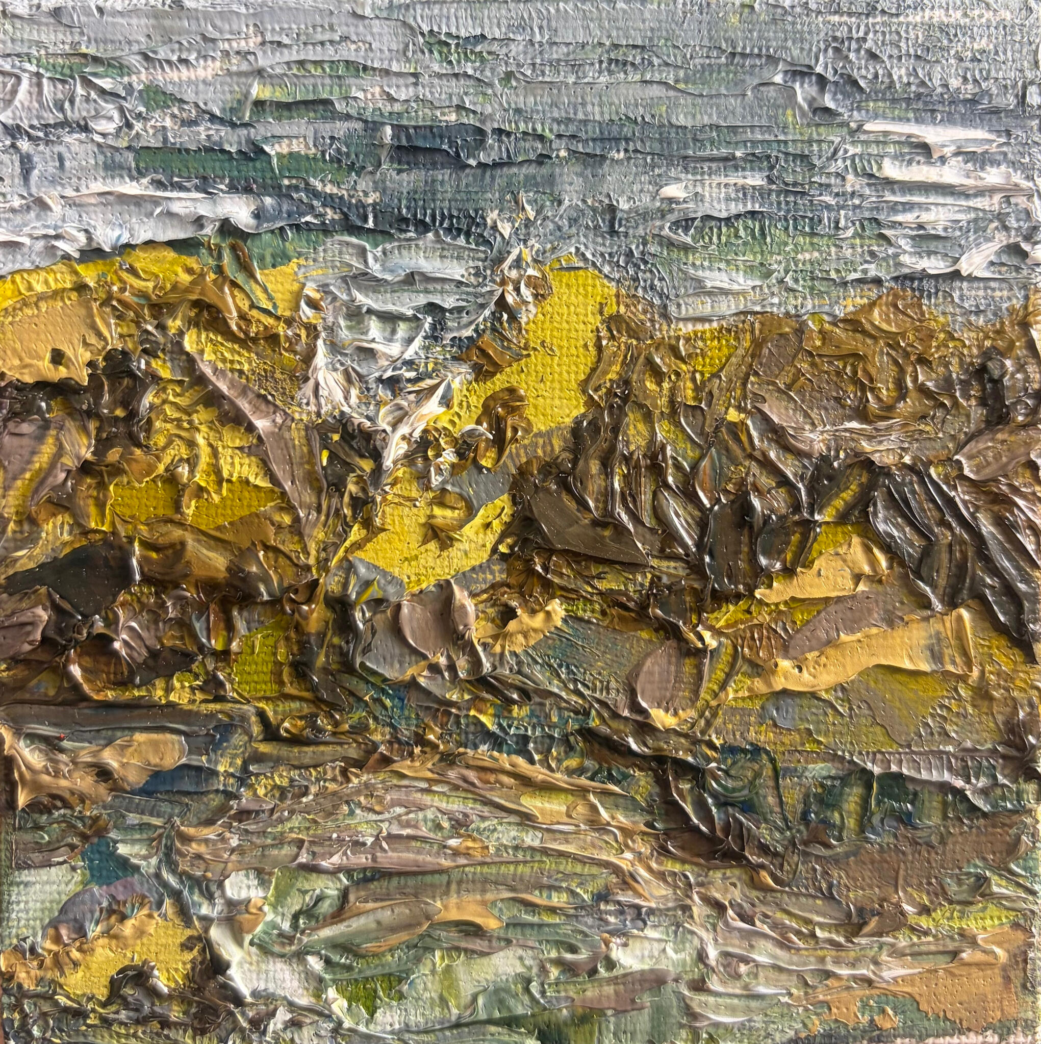 Golden Cliffs at Low Tide Media: Oil on canvas board. Dimensions: 10 × 10 cm.(approx. 4 × 4 in). Price: £25