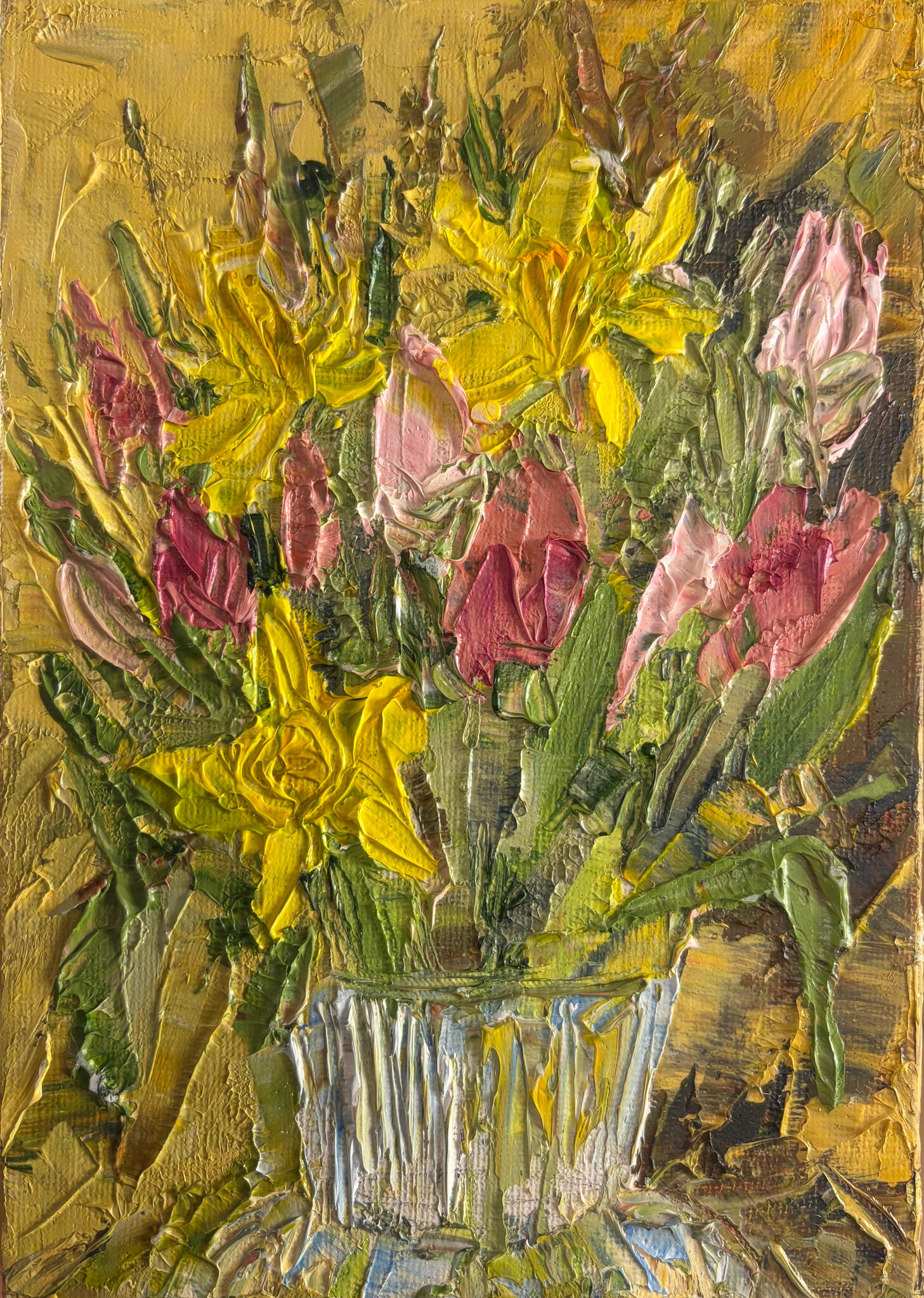 Petals in Sunshine. Media: Oil on canvas board. Dimensions: 13 × 18 cm.(approx. 5 × 7 in) . Price: £35