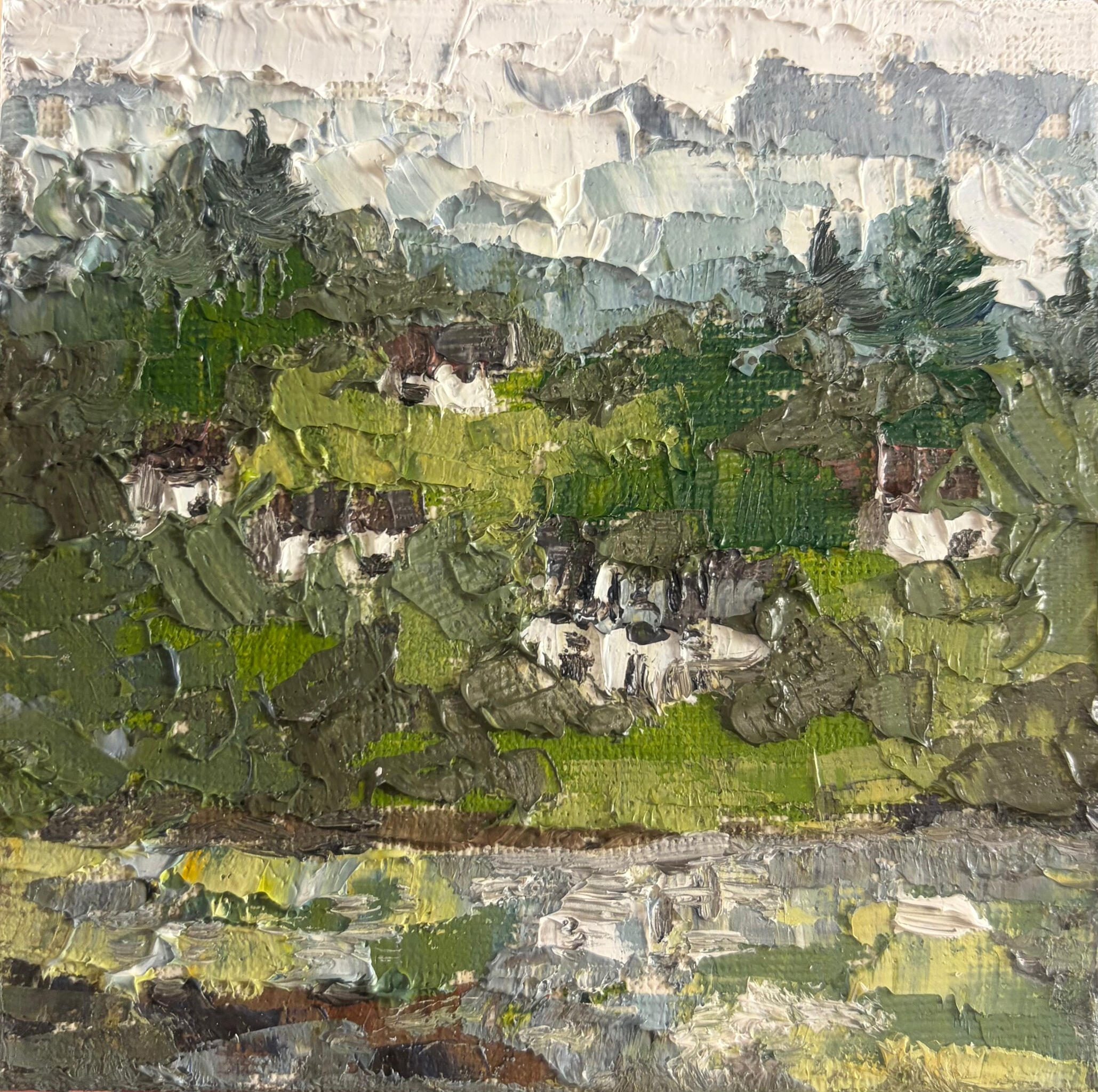 White Roofs Between the Trees Media: Oil on canvas . Dimensions: 10 × 10 cm.(approx. 4 × 4 in). Price: £25