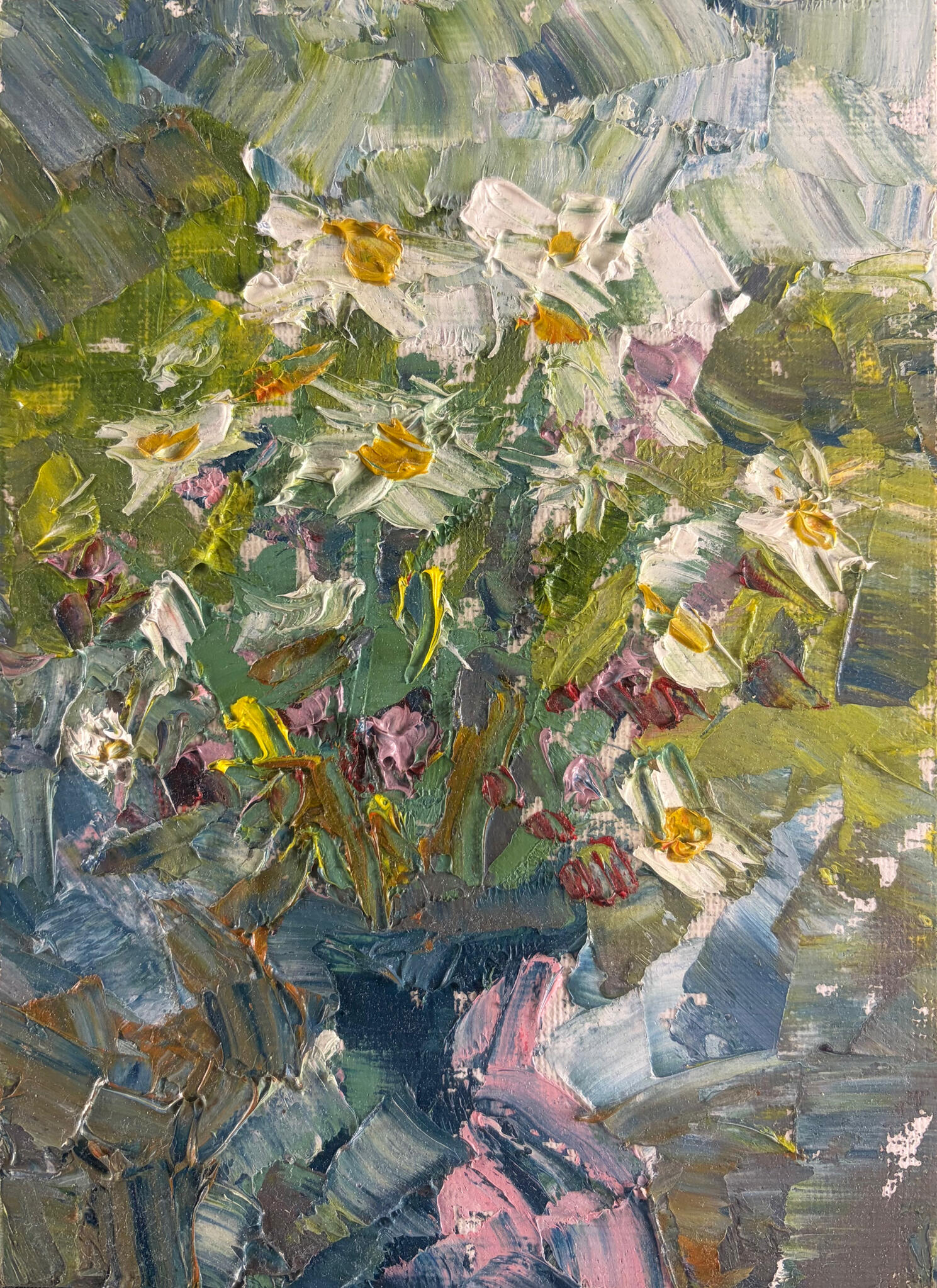 A Meadow Gathered Indoors. Media: Oil on canvas board. Dimensions: 13 × 18 cm.(approx. 5 × 7 in) . Price: £35