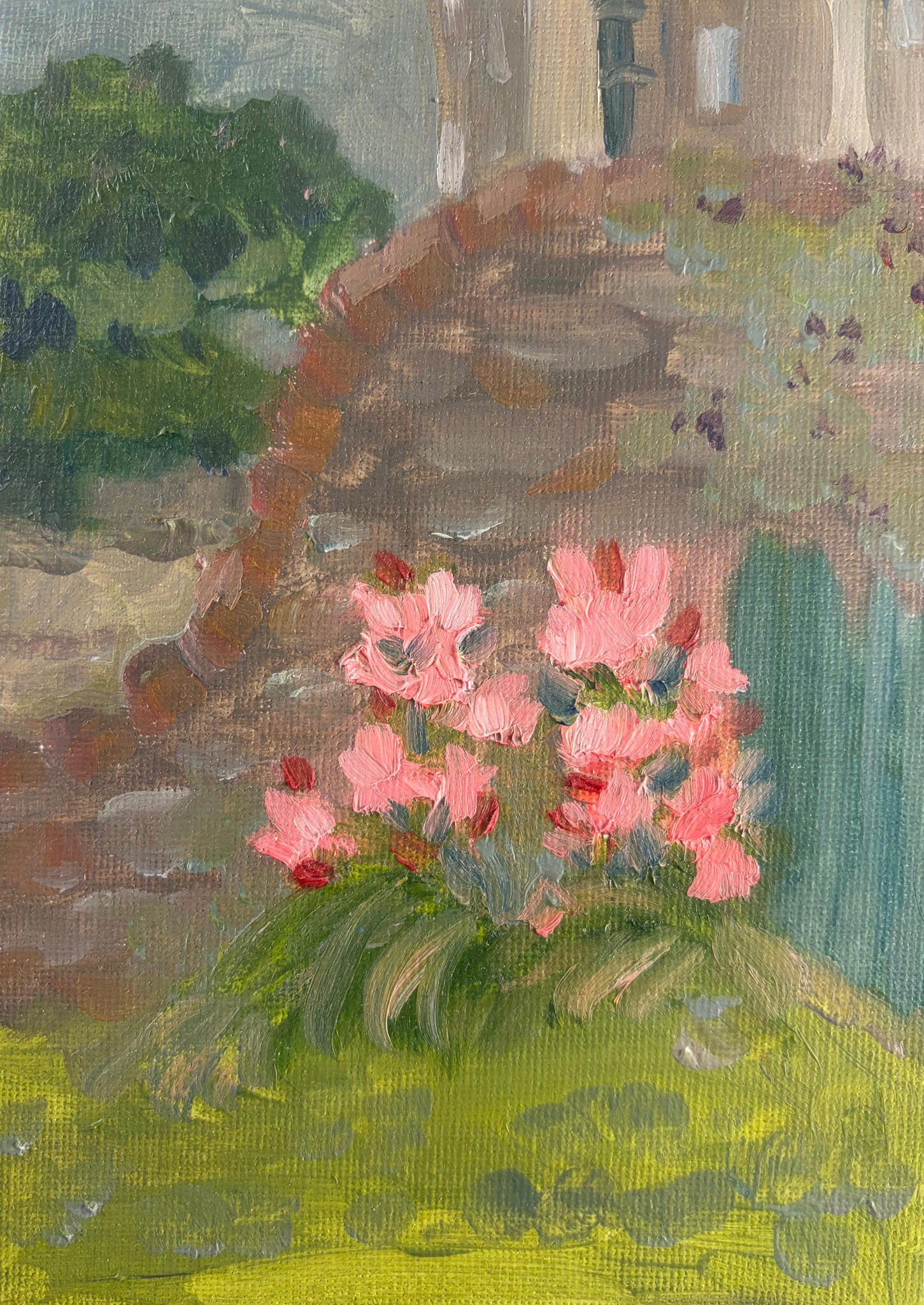 Garden Corner in Bloom. Media: Oil on canvas board. Dimensions: 13 × 18 cm.(approx. 5 × 7 in) . Price: £35
