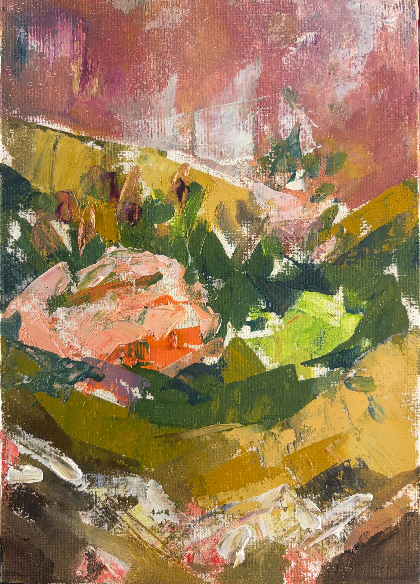 Soft Petals, Warm Breeze. Media: Oil on canvas board. Dimensions: 13 × 18 cm.(approx. 5 × 7 in) . Price: £35