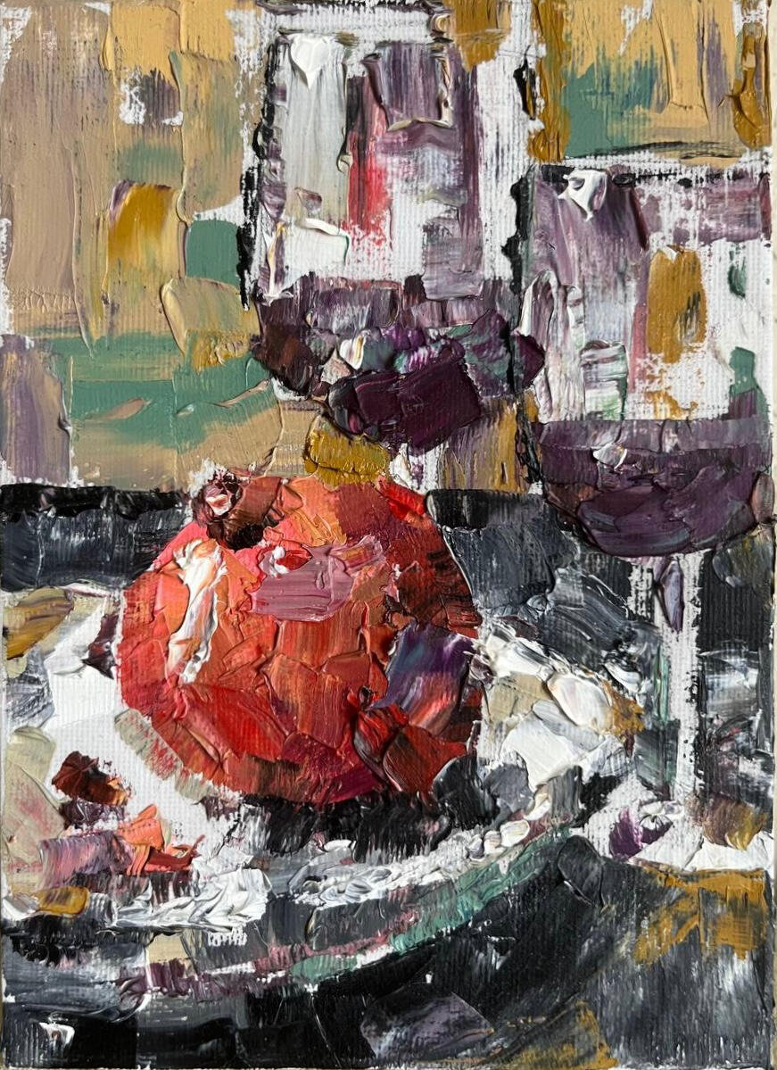 Pomegranate &amp; Wine. Media: Oil on canvas board. Dimensions: 13 × 18 cm.(approx. 5 × 7 in) . Price: £35